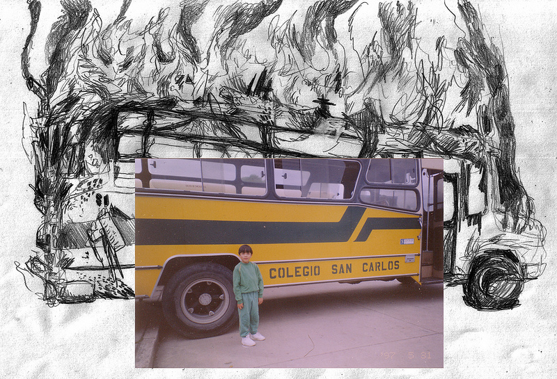 Dibujo autobús escolar en llamas